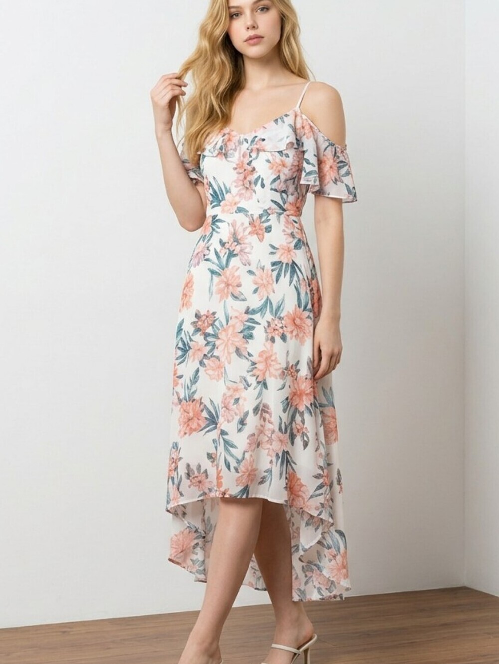Floral Ruffle CottageCore Coastal Dress Off the shoulder High Low Cinch Waist